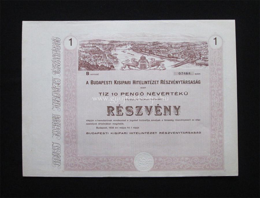 Budapesti Kisipari Hitelintézet részvény 10 pengő 1928